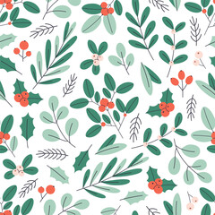 Seamless pattern with winter berries and leaves. Gentle winter holiday design for Christmas, New Year. Perfect for banner, wallpaper, wrapping paper, background, card, poster. Vector illustration