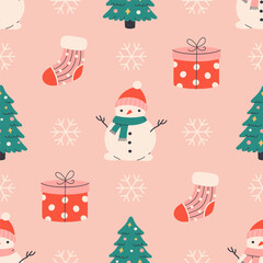 Seamless pattern with cute snowman, gift box, Christmas tree and stocking. Christmas seamless pattern. Design for banner, wallpaper, wrapping paper, background, card, poster. Vector illustration
