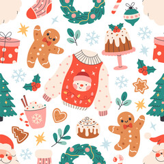 Seamless pattern with festive Christmas elements. Gentle winter holiday design for Christmas, New Year. Design for banner, wallpaper, wrapping paper, background, card, poster. Vector illustration