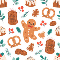 Seamless pattern with festive Christmas pastry. Winter holiday sweets. Design for banner, wallpaper, wrapping paper, background, card, poster. Vector illustration in flat style