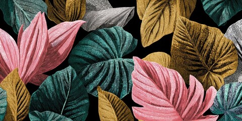 Tropical leaves pattern in pink, gold, and teal on black