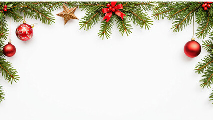 Weihnachtlicher Rahmen mit roten Christbaumkugeln, Schleifen und Stern auf wei&szlig;em Hintergrund