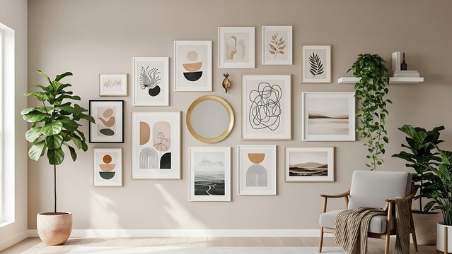Beige wall with abstract frames and plants