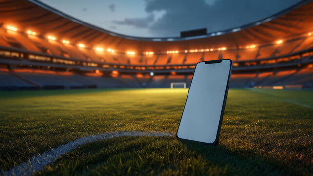 Smartphone Mockup with White Screen Displayed in a Soccer Stadium Environment at Night