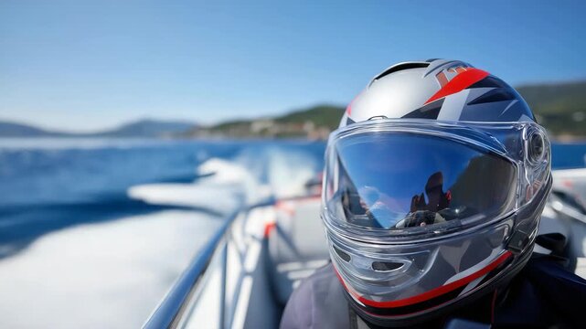 Highspeed adventure on jet boat with helmet reflections over clear blue waters