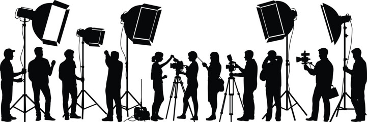 Silhouettes of photographers and videographers with lighting equipment photography videography © MdAbdur