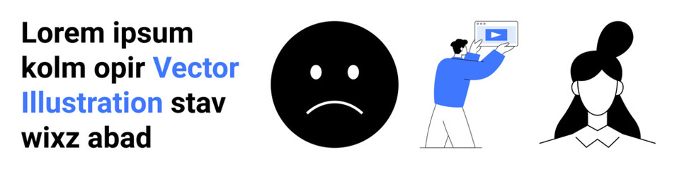 Bold sad face emoticon, minimalistic user with a ponytail, and person holding a video screen. Ideal for education, emotions, video learning, creativity, user interface, and social media visuals