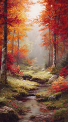 Colorful autumn forest with stream flowing through mossy rocks, vibrant foliage, misty atmosphere, and tranquil natural landscape in soft morning light.