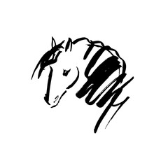 Hand drawn horse head, abstract line art illustration, graphic design element for a logo