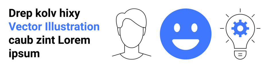 Personal identity, innovation, creativity, user interface, problem solving, human connection. Outline of a person, smiling face icon light bulb with gear. Personal identity and innovation concept