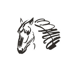 Hand drawn horse head, abstract line art illustration, graphic design element for a logo
