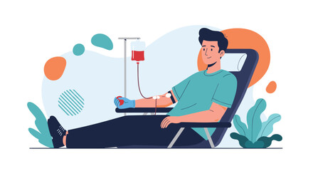 Young man smiling while donating blood, sitting comfortably in a chair in a medical clinic, promoting blood donation.