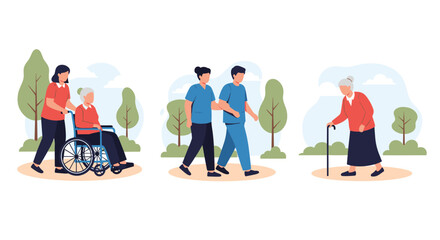 Fototapeta premium Set of illustrations showing caregivers and nurses assisting elderly people with walking and in a wheelchair at a park.