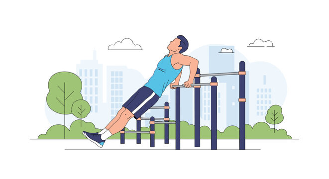 Athletic man doing tricep dips on parallel bars at an outdoor gym in a city park as part of his workout routine.