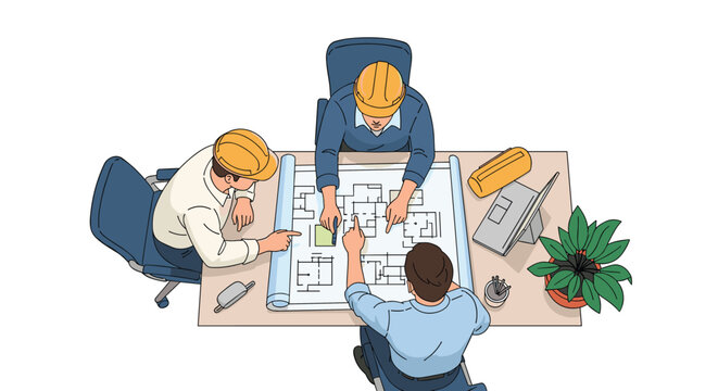Top-down view of three architects or engineers in hard hats collaborating over a building blueprint at a meeting table. - Powered by Adobe