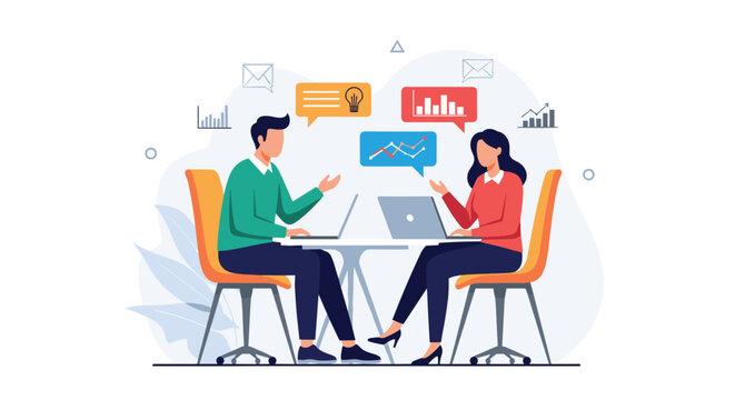 Male and female colleagues sitting at a table with laptops, having a business discussion with data and idea icons.