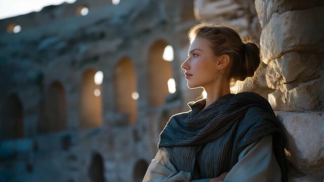 A traveler standing inside an ancient ruin amphitheater, wind echoing through broken arches while dust glows in shafts of light &mdash; cultural immersion, architectural wonder, and nostalgic historical