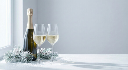 Minimalist Champagne Glasses and Bottle on White Windowsill