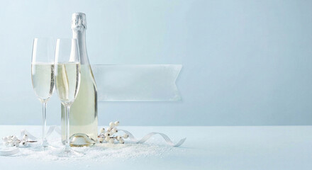 Elegant Champagne Bottle and Glasses on Blue Background