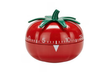 Red Tomato Kitchen Timer with Green Leaves and White Numbers isolated on a transparent background