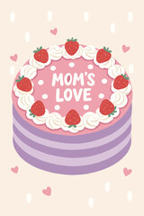 Strawberry Pink Layer Cake with Whipped Cream and Moms Love Text for Mothers Day Celebration Card Illustration