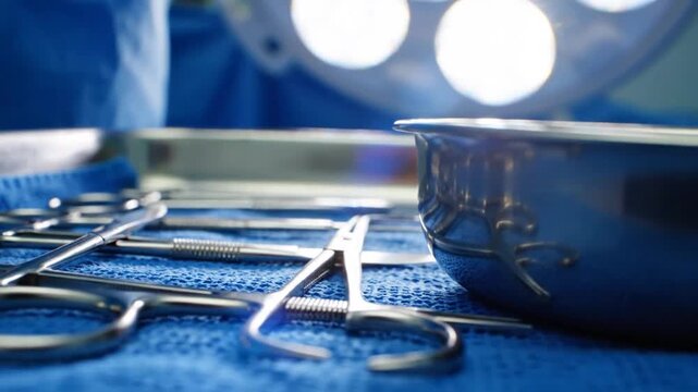 Surgical instruments on a sterile blue surface, prepared for a medical procedure in operating