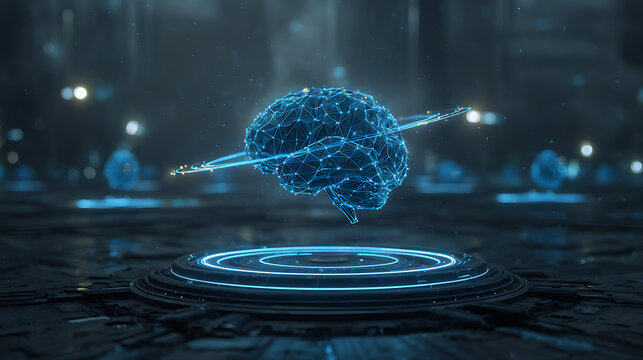 Glowing blue neural network brain hologram floating above futuristic platform technology - Powered by Adobe
