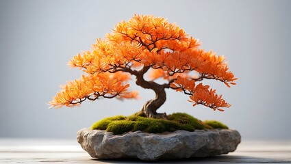 Beautiful orange bonsai tree on rock with moss