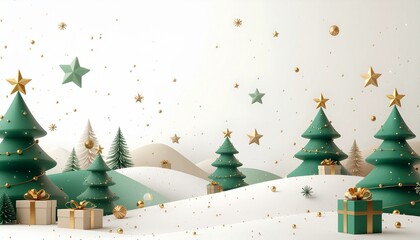 Whimsical Christmas scene with green trees, gold stars, and presents in snowy landscape