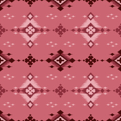 Ethnic ikat pink and brown dye yarns weaving seamless pattern. Vector hand drawn craftsmanship embroidery bohemian, abstract square geographic art fabric ikat textile material design for clothing 