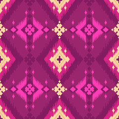 Ethnic ikat pink dye yarns weaving seamless pattern. Vector hand drawn craftsmanship embroidery bohemian, abstract square geographic art fabric ikat textile material design for clothing wallpaper 