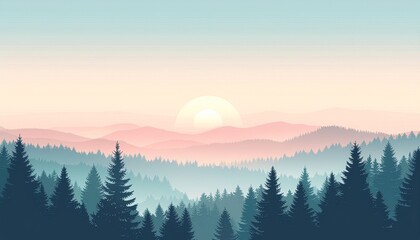 Serene mountain landscape with misty forest at sunrise