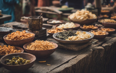 Rustic snack bowl street food Indian cuisine wooden table