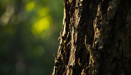 Fototapeta premium Close-up of rugged tree bark with natural sunlight and blurred green background