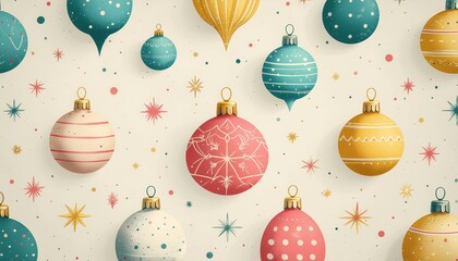 Vibrant Christmas ornaments in festive colors on cream background