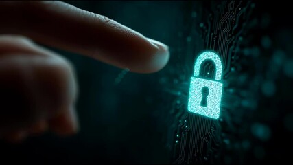 Finger touching glowing digital lock icon with ai technology, cybersecurity, data protection, digital privacy, secure online access, encryption, and futuristic interface representing cyber security - Powered by Adobe