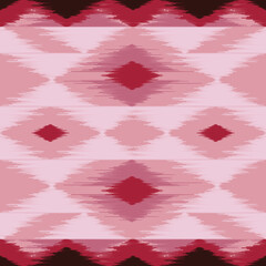 Ethnic ikat pink and red dye yarns weaving seamless pattern. Vector hand drawn craftsmanship embroidery bohemian, abstract square geographic art fabric ikat textile material design for clothing 