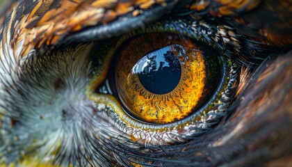 Intense golden eye of a majestic predatory bird, sharp focus on the detailed iris and expressive gaze of a wild raptor.