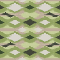 Ethnic ikat green dye yarns weaving seamless pattern. Vector hand drawn craftsmanship embroidery bohemian, abstract square geographic art fabric ikat textile material design for clothing wallpaper car