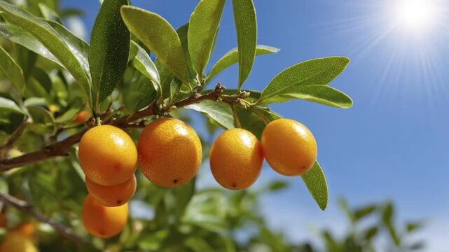 A vibrant close-up shot captures an abundance of small, ripe orange fruits hanging delicately from a verdant tree branch, surrounded by lush green leaves. The scene is set against a brilliant clear bl