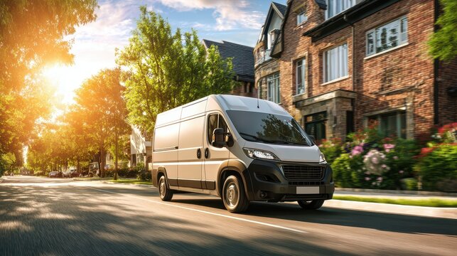 Urban Delivery Vehicle in Motion: New Van Navigating Scenic Suburban Streets for Seamless Postal Service