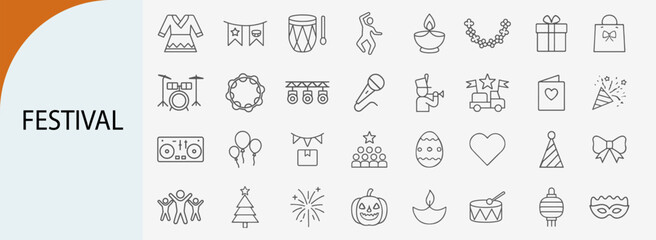 festival icon set, minimal line vector design pack