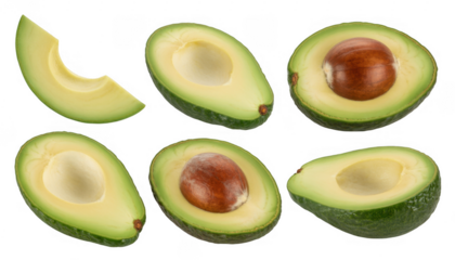 Sliced avocados with and without pit slices green isolated on a transparent background