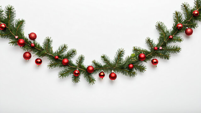 Weihnachtsgirlande mit roten Kugeln auf wei&szlig;em Hintergrund