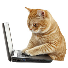A cat at a desk with a laptop, leaning forward with a focused expression Hardworking and determined. full length isolate on transparent background