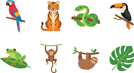 Fototapeta premium Cartoon Animals and Leaf Illustrations Set