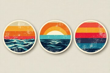 Obraz premium Retro Circular Emblem with Abstract Ocean Horizon and Geometric Design for Beach and Travel Themes