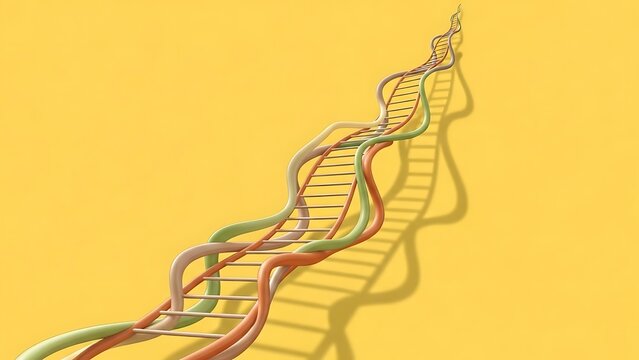 Colorful D N A double helix structure on yellow background