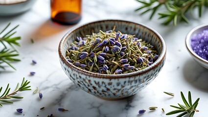 Dried lavender buds in a ceramic bowl on marble surface