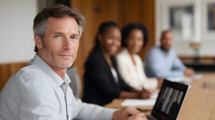 A group of professionals engages in a video conference call during a business meeting